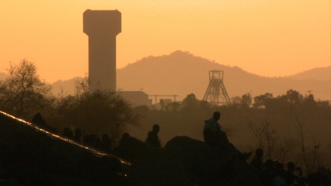 Striking mine workers on koppie two days before massacre